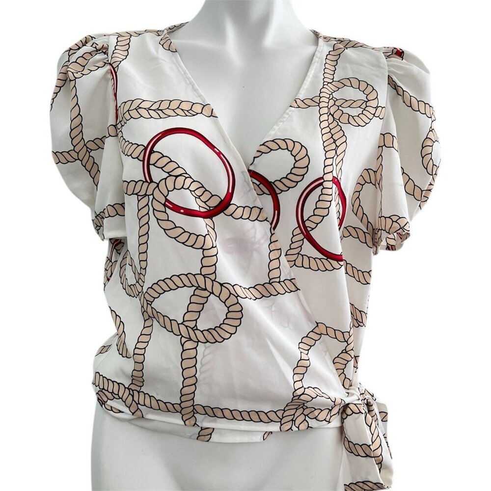 NEW Mariner Wrap Blouse Top Puff Sleeves Rope Print nautical Coastal Beach - Picture 3 of 13